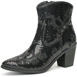 Women's Black Western Low Cowgirl Boots With Zipper Short Pointed Toe Booties